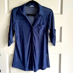 Siren Lily Blue Denim Button Down Semi Sheer Blouse shirt Size Small